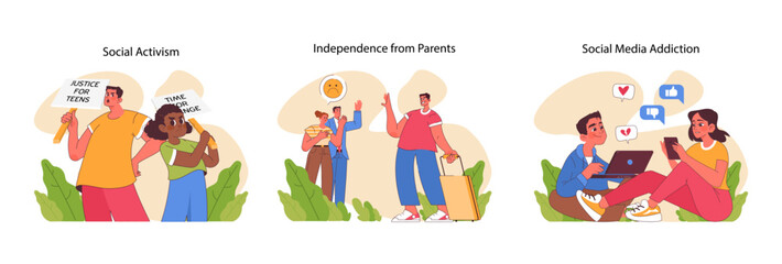 Adolescent Development set. Capturing pivotal moments of youth: the passion of social activism, the bittersweet farewell to childhood, and the lure of social media. Flat vector illustration