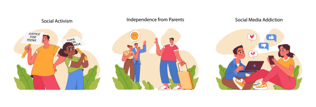 Adolescent Development set. Capturing pivotal moments of youth: the passion of social activism, the bittersweet farewell to childhood, and the lure of social media. Flat vector illustration