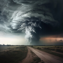 Dangerous tornado with lightning in the sky. 3d rendering
