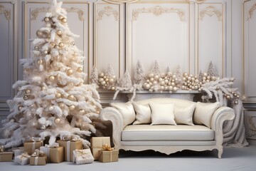 Cozy white Christmas interior room. Living room with Christmas tree, white sofa, crystal chandelier, fireplace and white and silver decorations. AI generated illustration