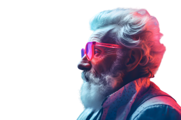 Cool Bearded old man in neon color isolated on transparent background