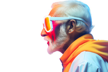 Cool Bearded old man in neon color isolated on transparent background