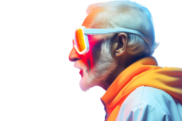 Cool Bearded old man in neon color isolated on transparent background