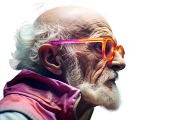Cool Bearded old man in neon color isolated on transparent background