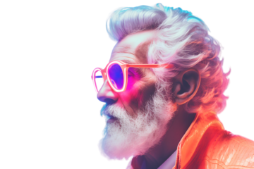 Cool Bearded old man in neon color isolated on transparent background