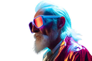 Cool Bearded old man in neon color isolated on transparent background