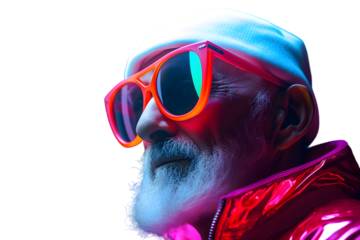 Cool Bearded old man in neon color isolated on transparent background