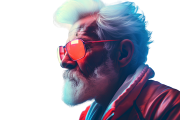 Cool Bearded old man in neon color isolated on transparent background