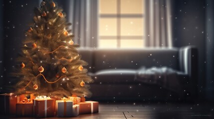 Beautiful holiday decorated room with Christmas tree and bright lights , out of focus shot for photo background. Blur christmas background. AI generated illustration