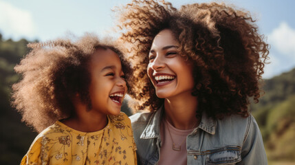 African American mother and daughter having fun together during the weekend. Happy family walking in the fresh air. Lifestyle concept.