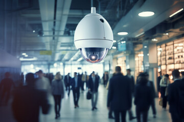 Surveillance camera. A crime prevention system for gathering information and deterring and preventing crime. Concept for surveillance society and security. - obrazy, fototapety, plakaty