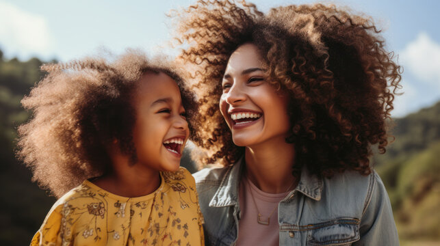 African American Mother And Daughter Having Fun Together During The Weekend. Happy Family Walking In The Fresh Air. Lifestyle Concept.