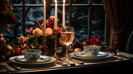 Fototapeta premium Table with a Glass of Wine and Candles