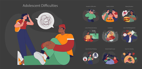 Adolescent difficulties set. Teenagers navigate challenges such as academic struggles, family tensions, eating disorders, self-discovery. Learning to deal with hardships. Flat vector illustration - obrazy, fototapety, plakaty