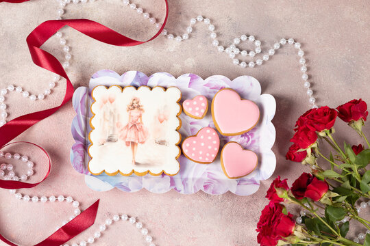 Delicate gingerbread with a picture of a pink doll