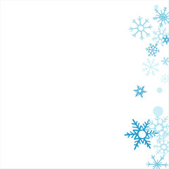 Square winter snow frame with blue snowflakes on a white background. Festive Christmas banner, New Year card. Symbols of frosty winter. Vector illustration.