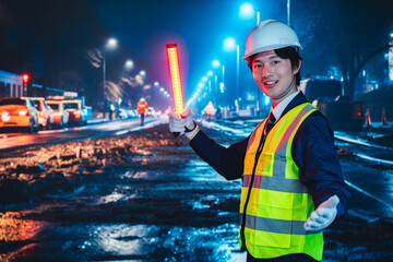 道路で案内をする警備員