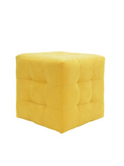 modern yellow cubic padded stool upholstered with fabric on white background