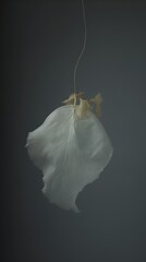  a white leaf floating in the air with a string attached to it's back and a twig sticking out of the top of it, on a dark background.