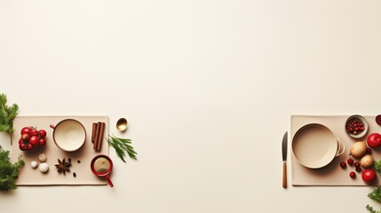  a couple of plates sitting on top of a table next to a cutting board with a knife and fork on top of it next to a cutting board with christmas decorations.