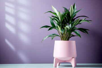 Interior scene in soft purple tones. Pots with indoor plants in the interior