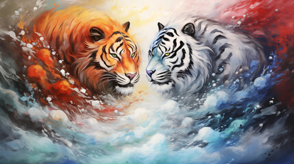 A painting of the Four Heavenly Beasts (Azure Dragon, Vermilion Bird, White Tiger, Black Tortoise), Chinese New Year and its mythical symbols, blurred background, bokeh, xmas, with copy space