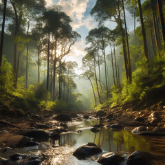 A Peaceful Environment of Sky and Forests with Stream Beds