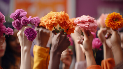 Many mixed race female hands with flowers on blurred background, closeup. International Women's Day and March 8 concept.