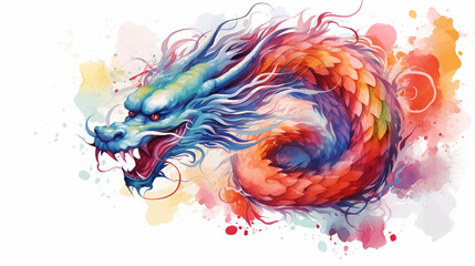 A vibrant dragon symbolizing power and luck, Chinese New Year symbols, watercolor style, white background, with copy space