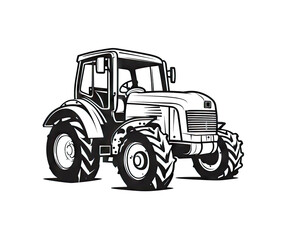 Vintage Tractor Sketch, Farm Vehicle with Large Wheels Black White Drawing, Agricultural Machine