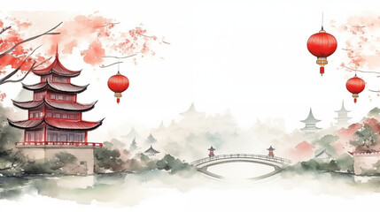 A serene temple scene with red lanterns, Chinese New Year, watercolor style, white background, with copy space
