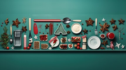  a green table topped with lots of different types of food and utensils on top of a green tablecloth covered in stars and snowflakes and snowflakes.
