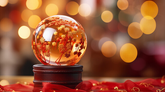 Feng Shui crystal globe for prosperity and luck, Chinese New Year gifts, blurred background, bokeh, xmas, with copy space