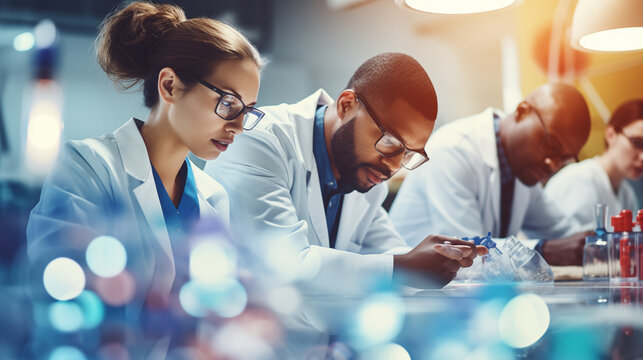 An International Team Of Researchers Collaborating In A Laboratory, Highlighting The Unity In Diversity, Diverse Ethnicities, Blurred Background, Bokeh, With Copy Space