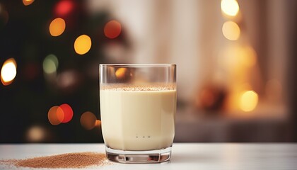 Festive Holiday Eggnog in Glass with Cinnamon on Christmas Background