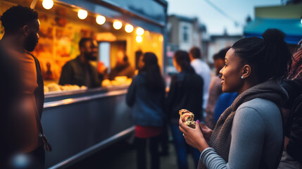 A diverse group of people queuing at a popular food truck in an urban setting, diverse ethnicities, blurred background, bokeh, with copy space - obrazy, fototapety, plakaty