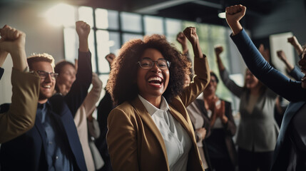 Fototapeta premium A team of diverse ethnic backgrounds celebrating a successful project at work, diverse ethnicities, blurred background, bokeh, with copy space
