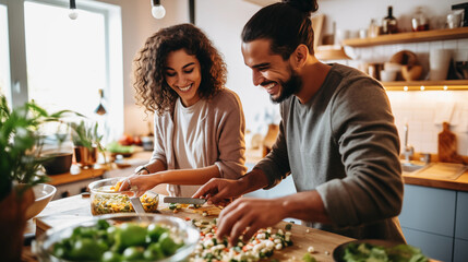 Naklejka premium A couple from different cultural backgrounds cooking a meal together, diverse ethnicities, blurred background, bokeh, with copy space