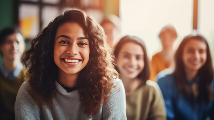 Obraz premium A teacher with students of various ethnic backgrounds in a classroom, diverse ethnicities, blurred background, bokeh, with copy space