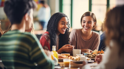 A multicultural group of teenagers sharing a meal in a school cafeteria, diverse ethnicities, blurred background, bokeh, with copy space