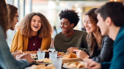 A multicultural group of teenagers sharing a meal in a school cafeteria, diverse ethnicities,...