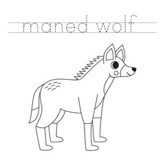 Trace the letters and color cartoon maned wolf. Handwriting practice for kids.