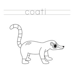 Trace the letters and color cartoon coati. Handwriting practice for kids.