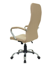 back view of beige office armchair on wheels isolated on white background