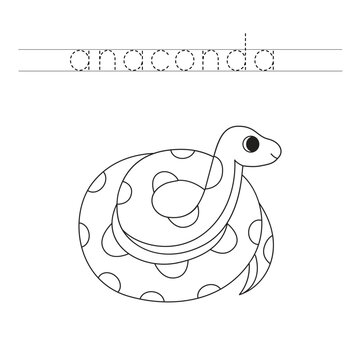 Trace the letters and color cartoon anaconda. Handwriting practice for kids.