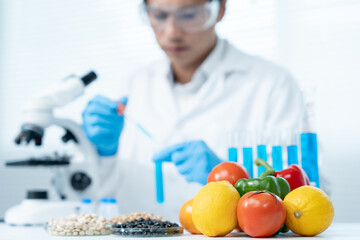 Scientist check chemical food residues in laboratory. Control experts inspect the concentration of chemical residues. hazards, ROHs standard, find prohibited substances, contaminate, Microbiologist