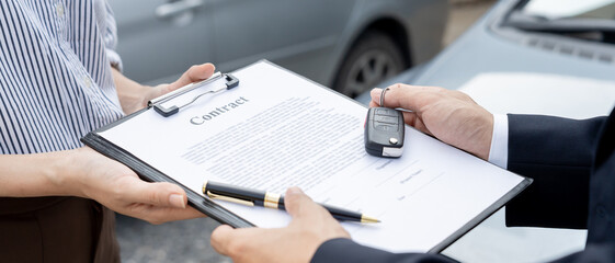 lease, rental car, sell, buy. Dealership send contract and car keys to new owner to sign. Sales,...