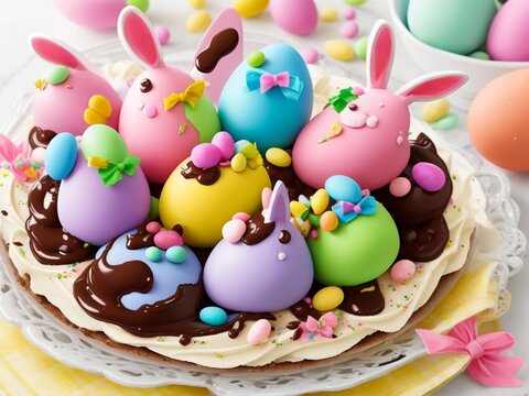 chocolate easter bunny, easter, egg, eggs, food, holiday, spring, decoration, celebration, pink, candy, color, colorful, sweet, traditional, green, season, symbol, yellow, closeup, nobody, chocolate, 