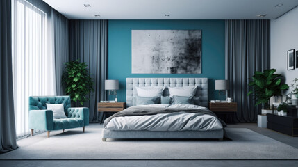 Modern Clean Contemporary White and Blue Bedroom Interior Design, AI Generated