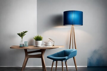 A trendy color scheme for your interior includes a blue lampshade and a table lamp with a glass element near a light wall all complemented by a grey cloth